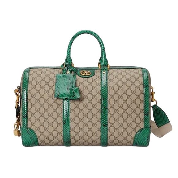 GUCCI Python Trim Duffle Bag with Double G in Beige Emerald Green $5500 NEWv - Picture 1 of 15